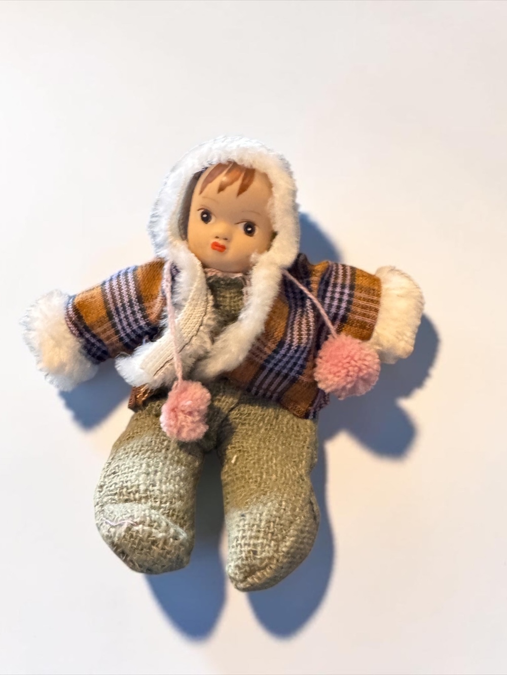 Vintage 1950s Child Doll in Plaid Hooded Jacket with Pink Pom-Poms and Knitted